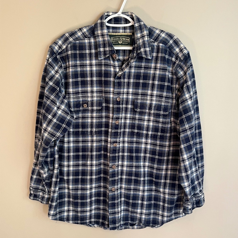 Field & Stream Mens Navy Blue White Plaid Thick Flannel Button Down L Long Slv